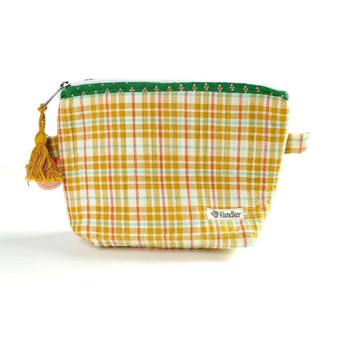 Yellow checkered pouch with a tassel 
