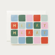 colorful tiled holiday greeting card with 'merry merry' text 