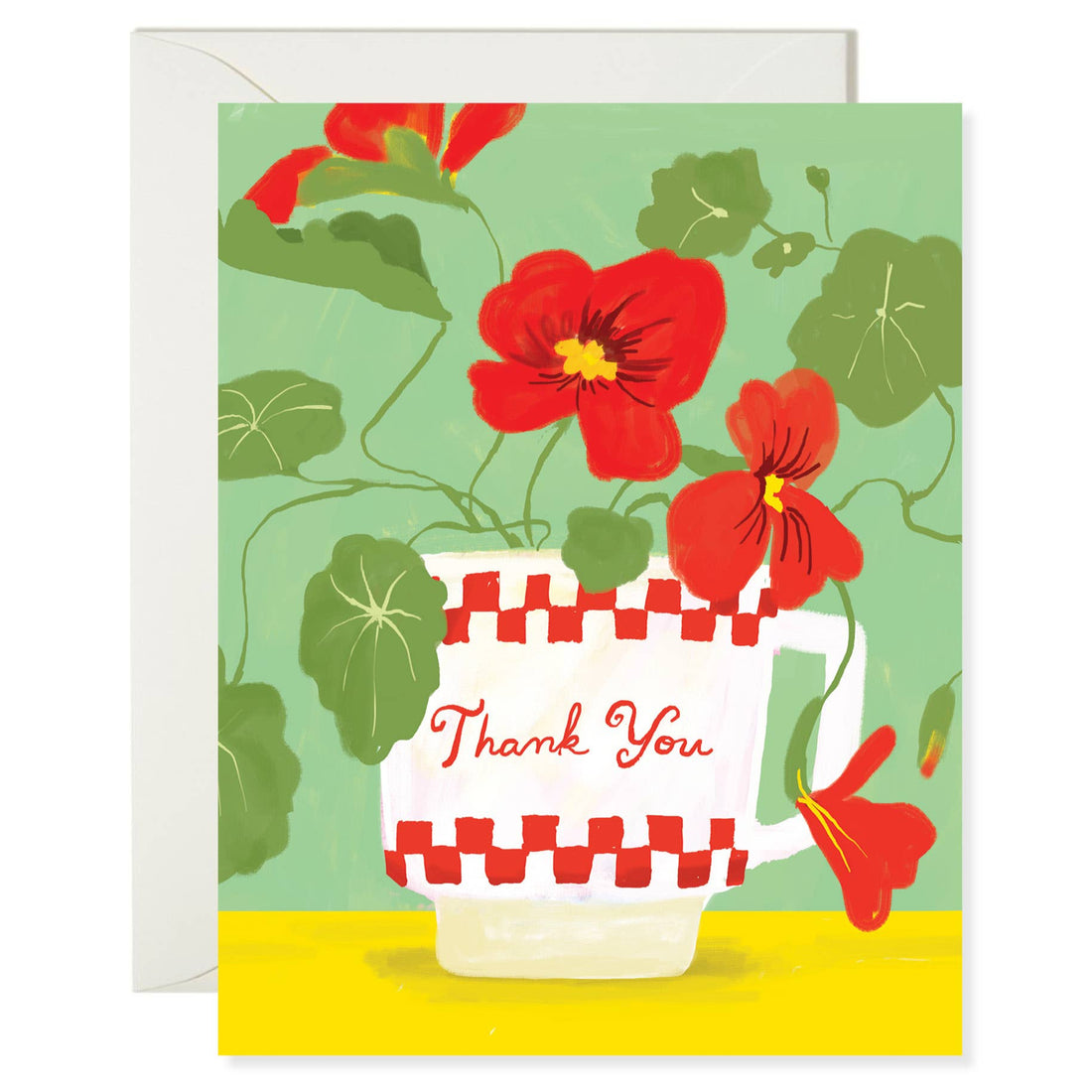 Thank you card with a milk glass and red flowers retro design