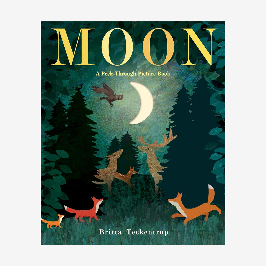 Front cover of the children's book 'MOON: A Peek-Through Picture Book' by Britta Teckentrup, showing a dark forest scene with a crescent moon, owl, deer, fox, and other woodland animals 