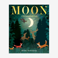 Front cover of the children's book 'MOON: A Peek-Through Picture Book' by Britta Teckentrup, showing a dark forest scene with a crescent moon, owl, deer, fox, and other woodland animals 