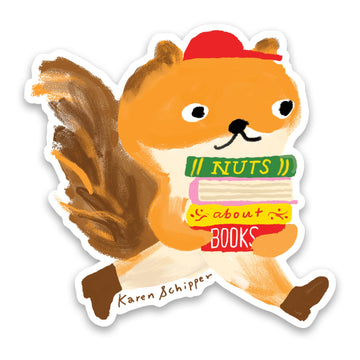 Sticker of a squirrel holding books with "nuts about books" text 