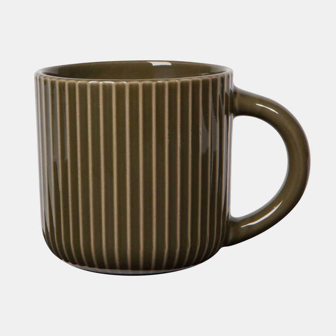 An olive green ceramic mug with vertical fluted ridges 