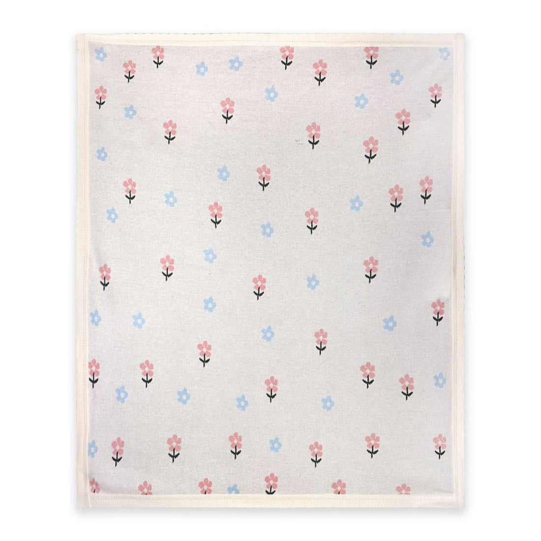 A baby blanket with a white border and a delicate floral pattern featuring pink and blue flowers 