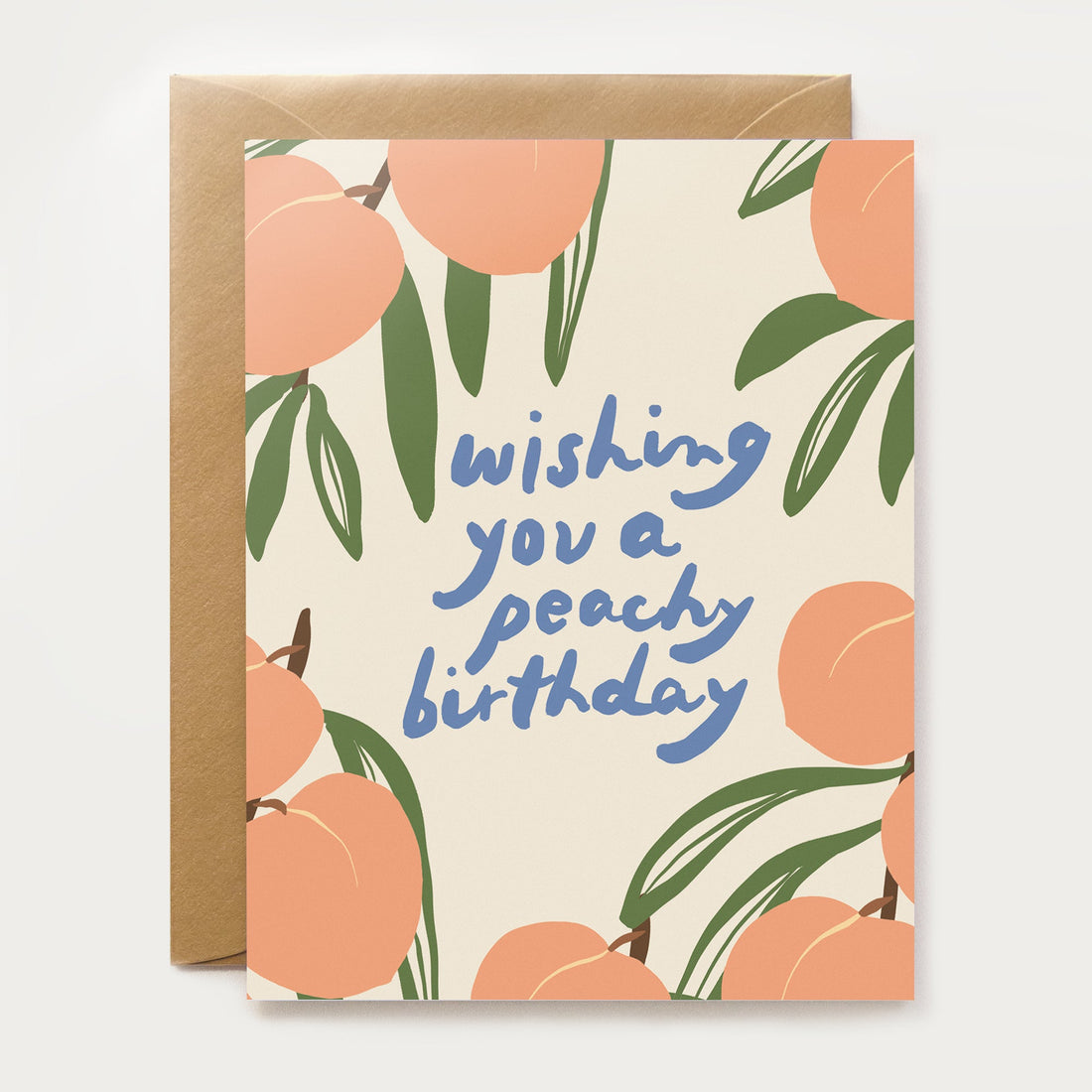 Greeting card with peach illustrations and 'wishing you a peachy birthday' text our heiday