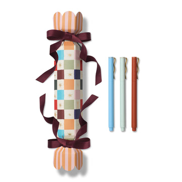 three pen set wrapped in a cracker gift box for the holidays