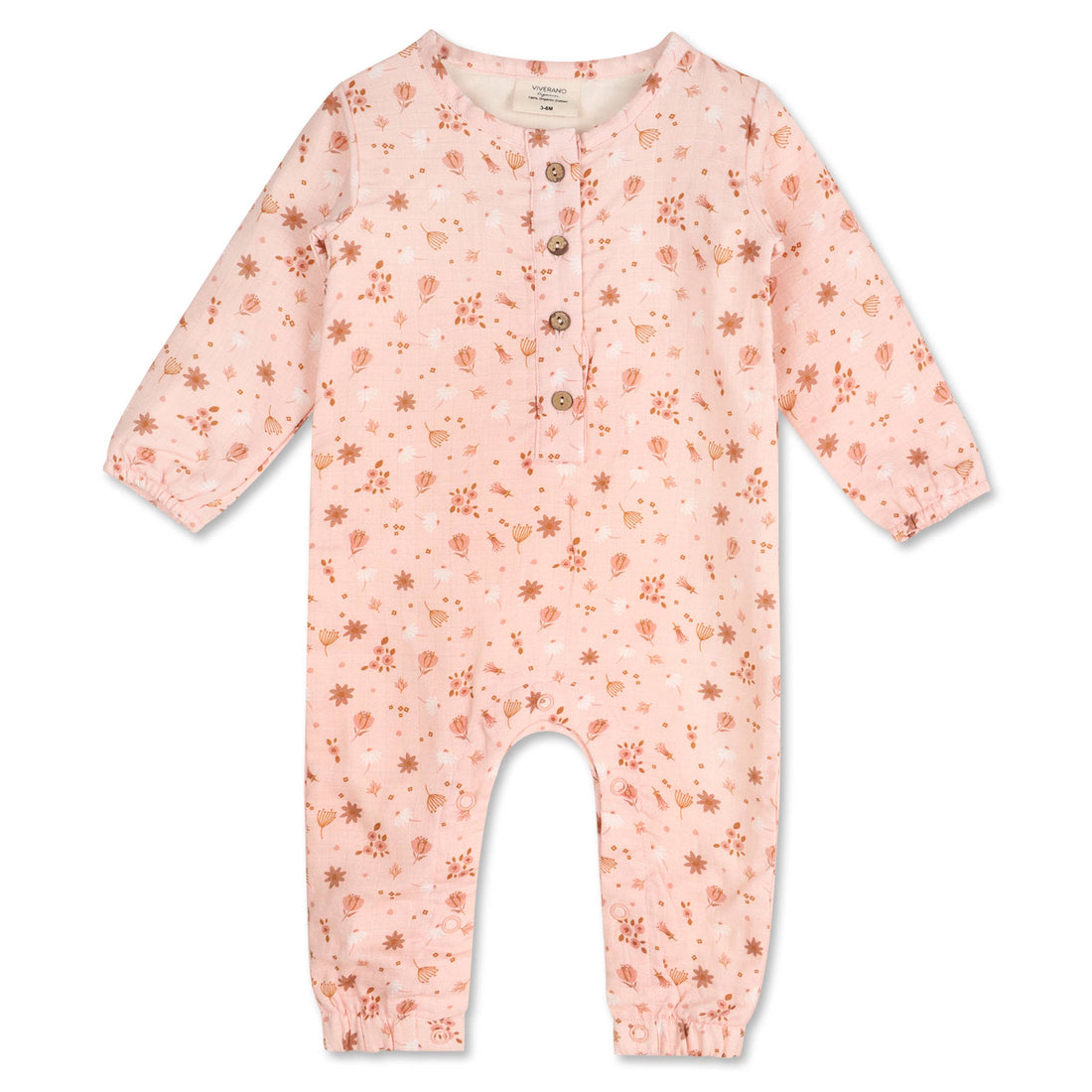 pink long sleeve baby jumpsuit with a floral pattern