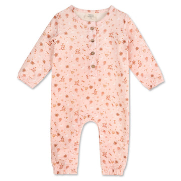 pink long sleeve baby jumpsuit with a floral pattern