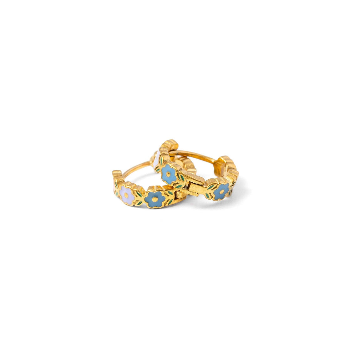 Gold hoop earrings with blue floral designs 