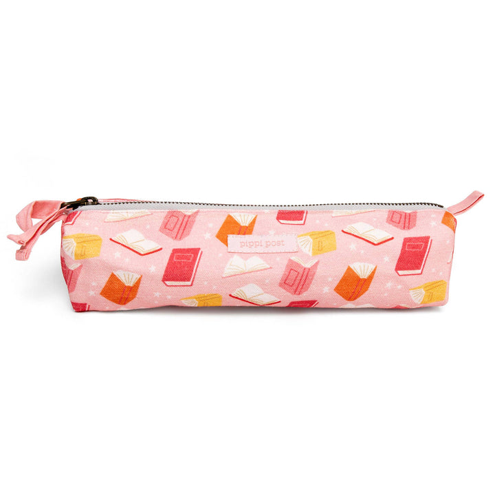 pink pencil pouch with books 