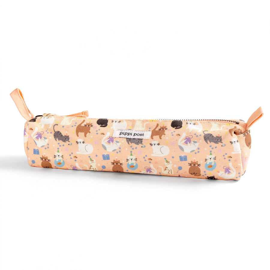 peach pencil pouch with different cats