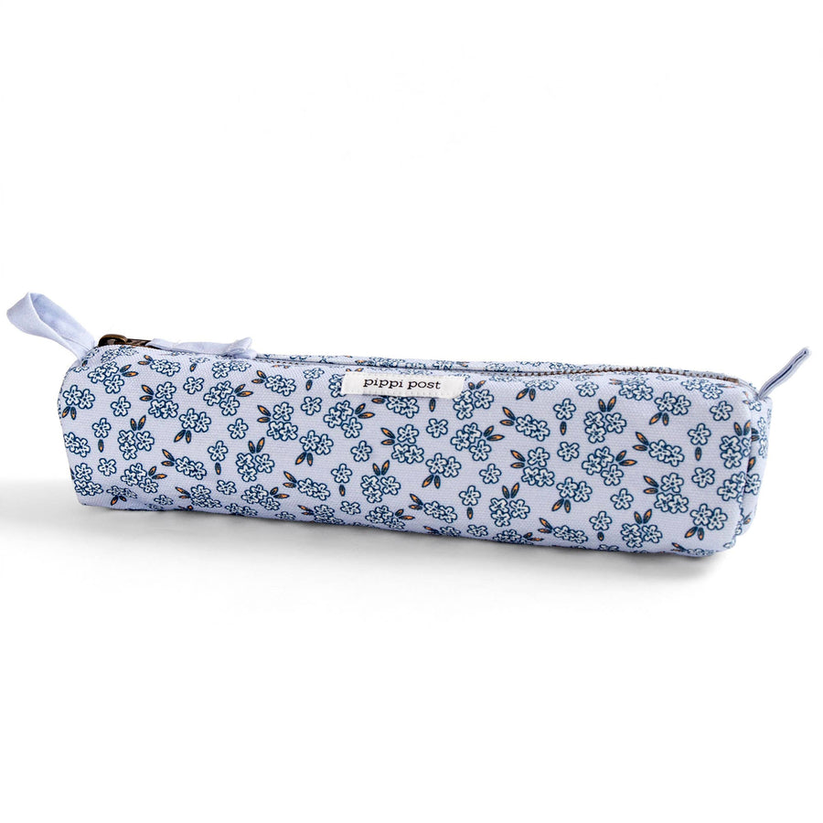 blue pencil pouch with small flowers