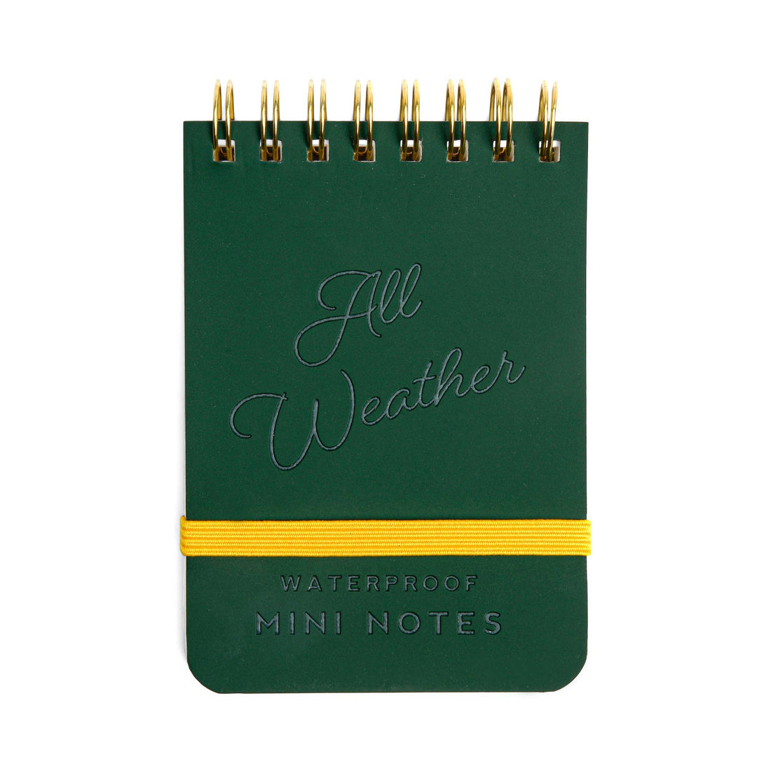 Green mini notebook with gold accents labeled all weather proof 