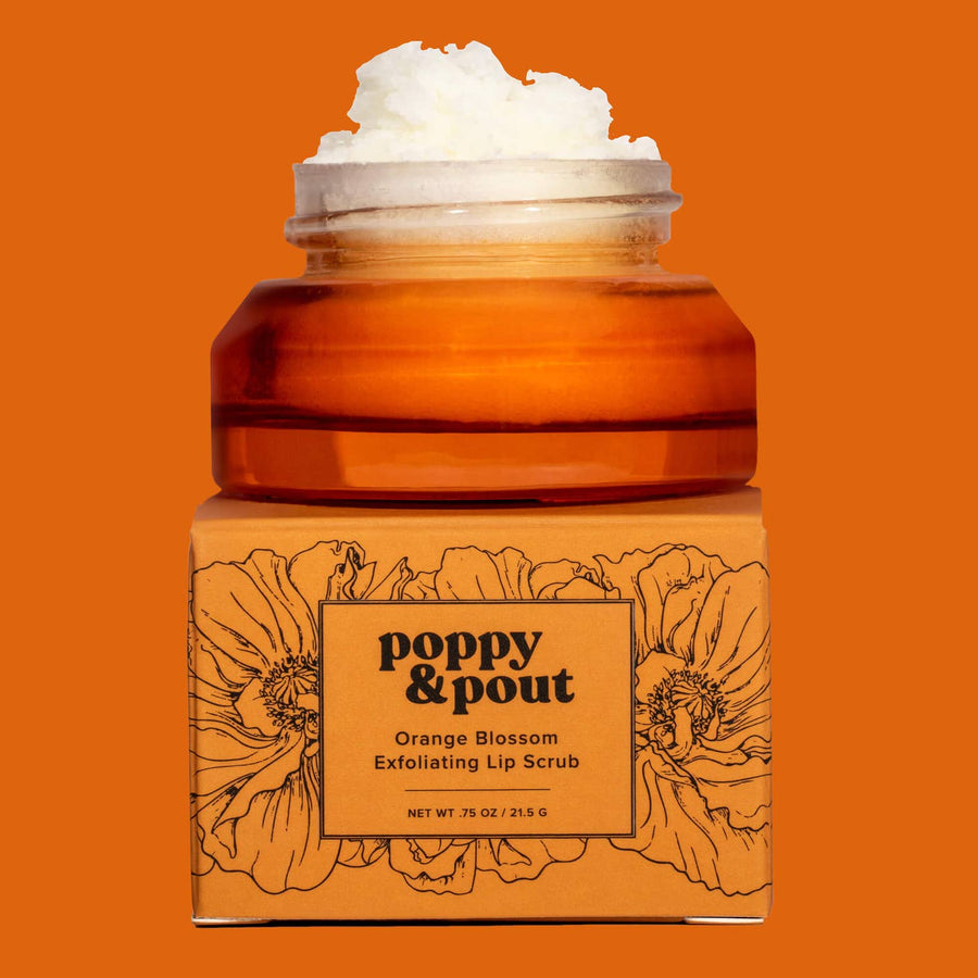 poppy and pout lip scrub in the scent orange blossom