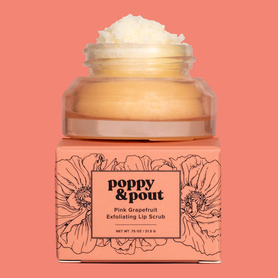 poppy and pout lip scrub in the scent pink grapefruit