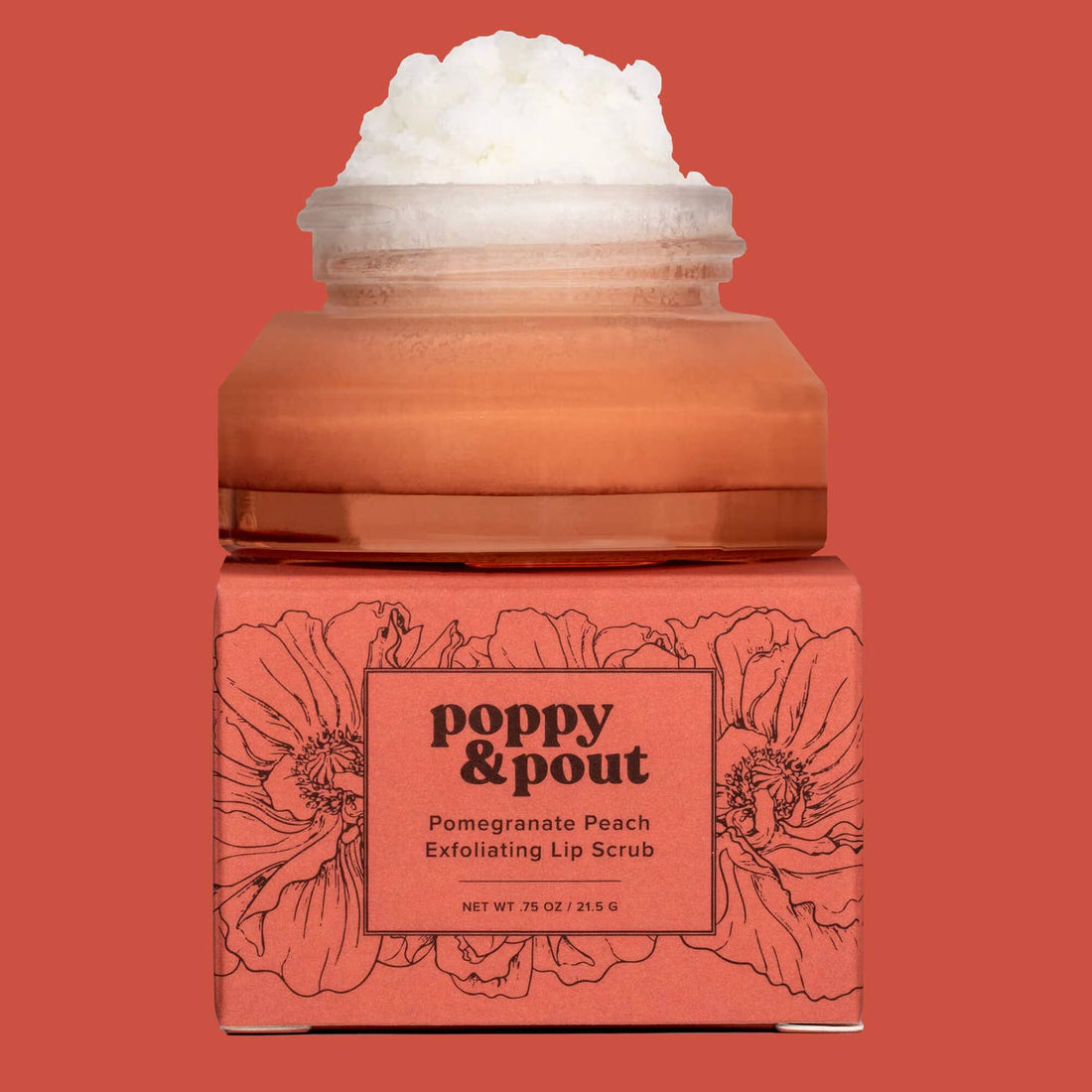 poppy and pout lip scrub in the scent pomegranate peach