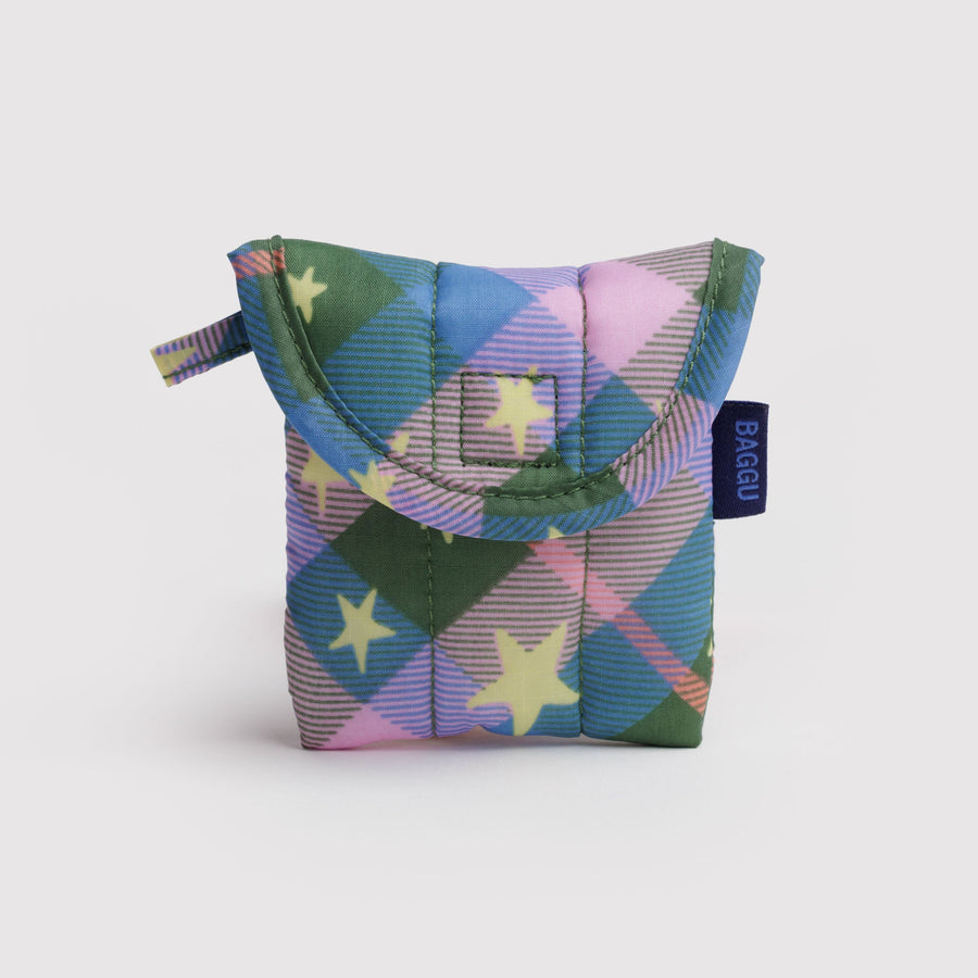 green blue purple plaid puffy star earbud case