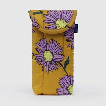 mustard yellow puffy glasses sleeve case with purple daisies 