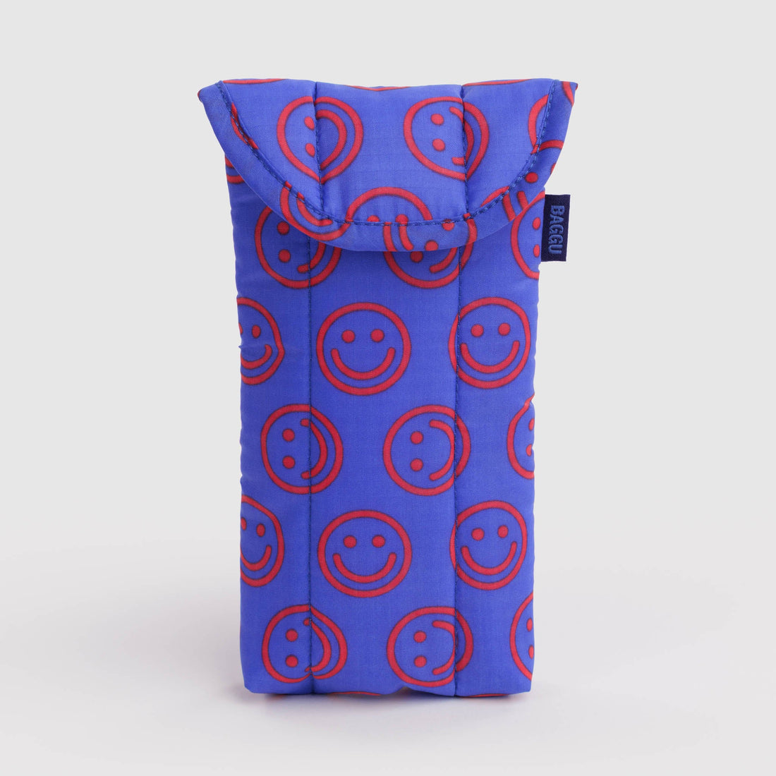A blue padded phone pouch with a red smiley face pattern, shown on a light gray background.