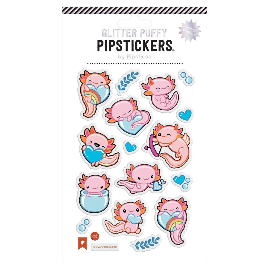 Glitter puffy stickers with axolotl characters 
