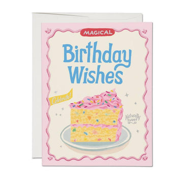 Birthday card with a cake slice and Magical Birthday Wishes lettering