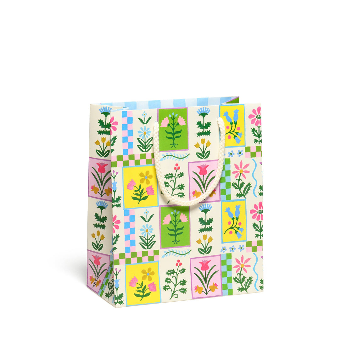 Gift bag with floral and checkered pattern 