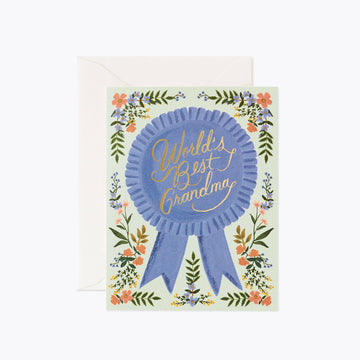 blue ribbon with World's Best Grandma in gold foil lettering