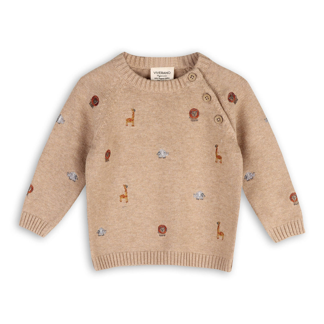 Beige sweater with embroidered animal patterns for babies 
