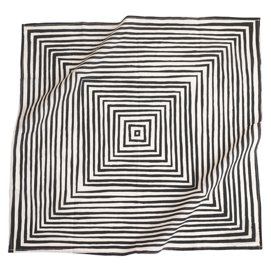 Black and white striped bandana with a geometric pattern 
