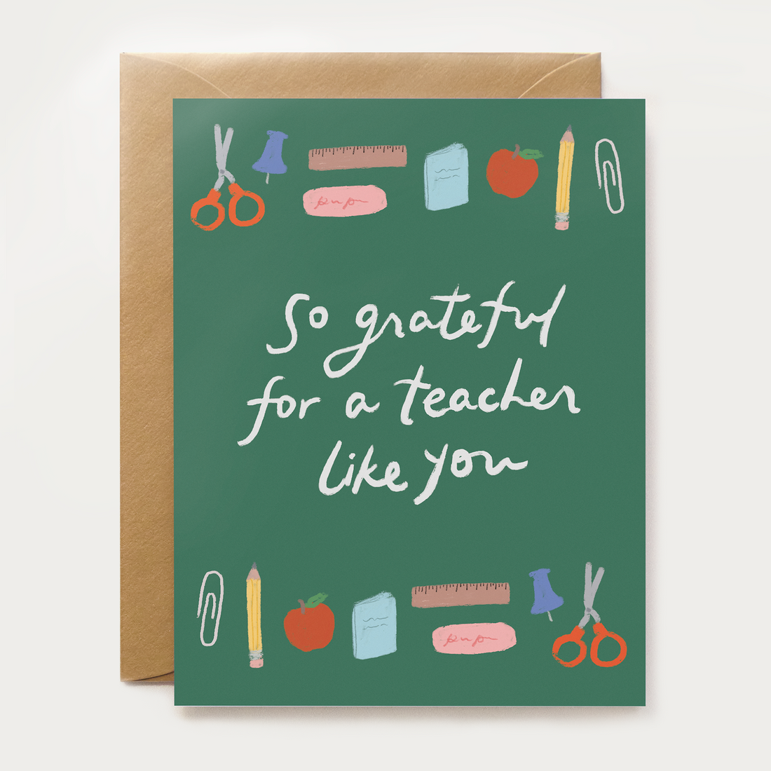 teacher appreciation card with school supplies illustrations 