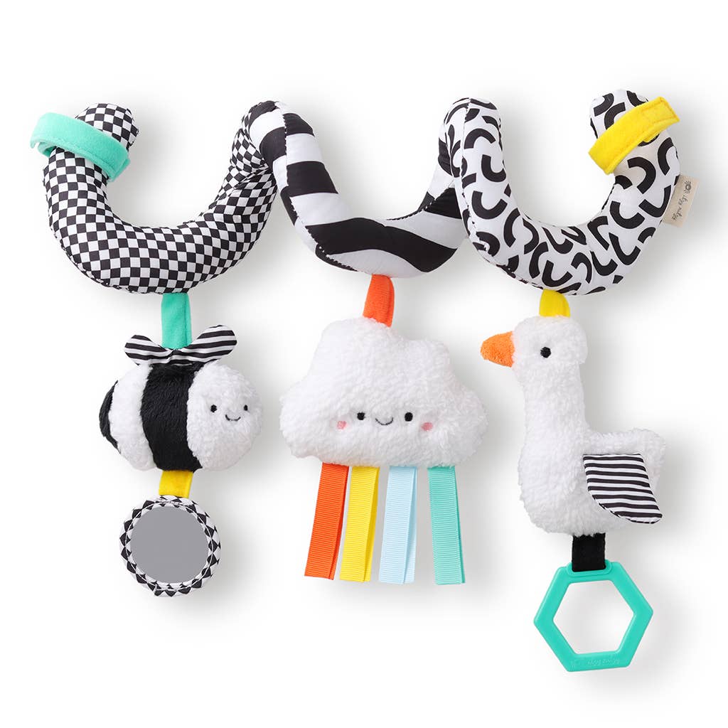 spiral car activity toy for babies with dangling plush toys and mirrors 