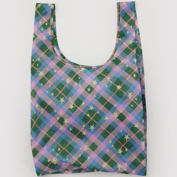 Reusable bag with a green and purple plaid pattern and stars