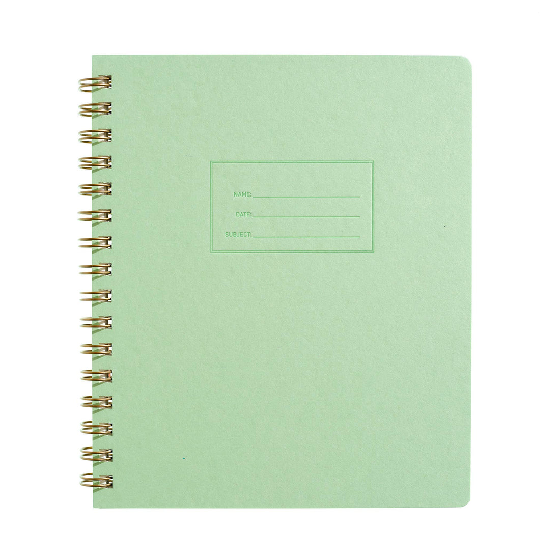 Light green lined notebook with gold spiral binding 
