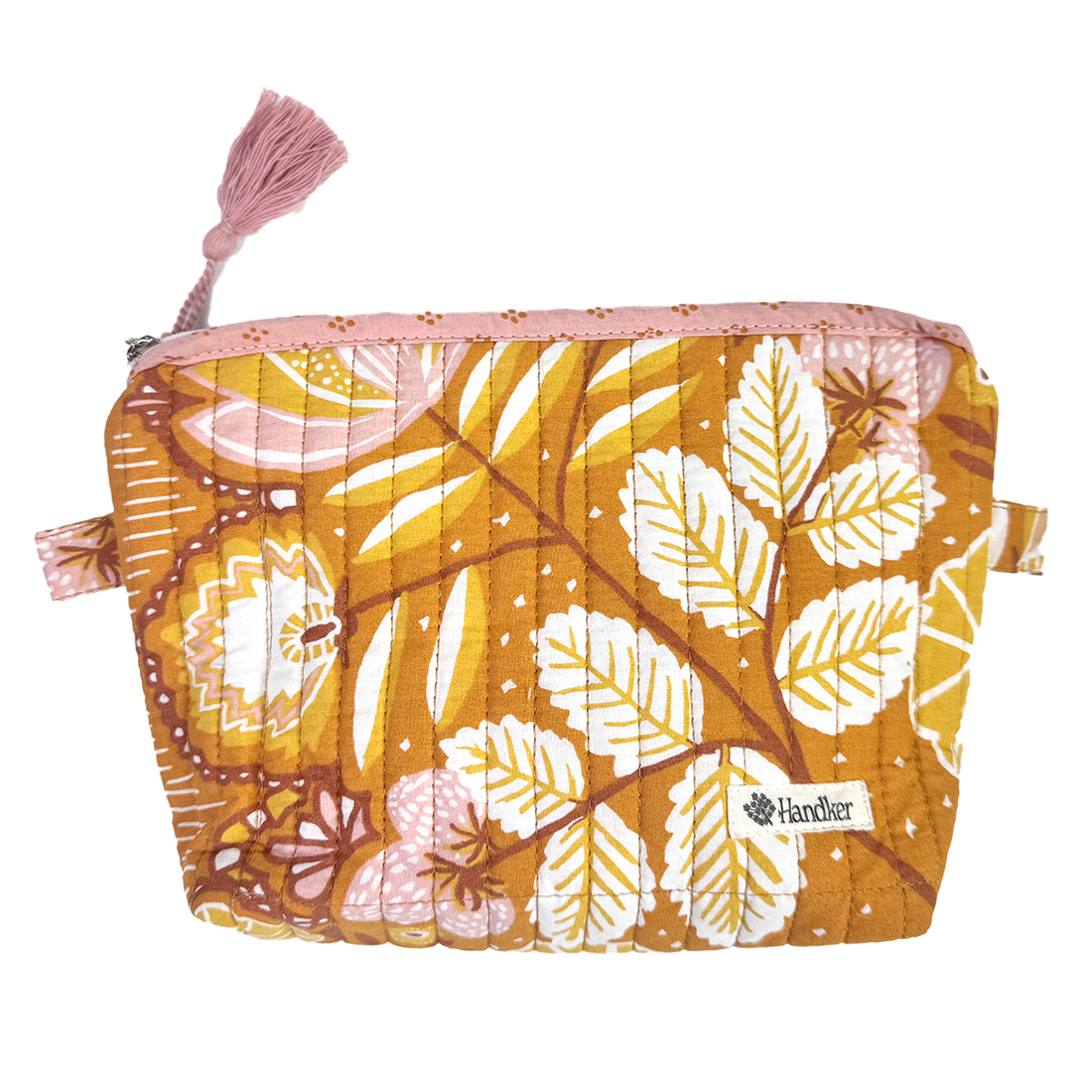 Yellow Floral patterned pouch with a pink tassel 