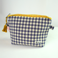 Blue and white checkered pouch with yellow trim and tassel 