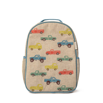 Toddler backpack with different colored vintage trucks 