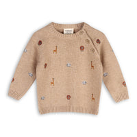 oatmeal colored pullover with safari animals