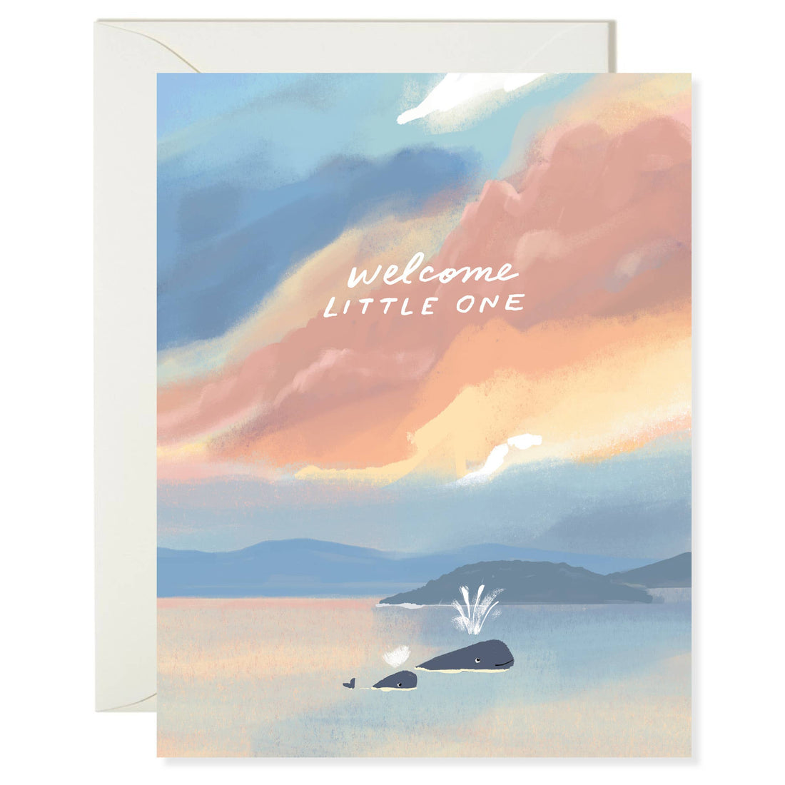Greeting card with a scenic illustration of a mom and baby whale with "welcome little one" text