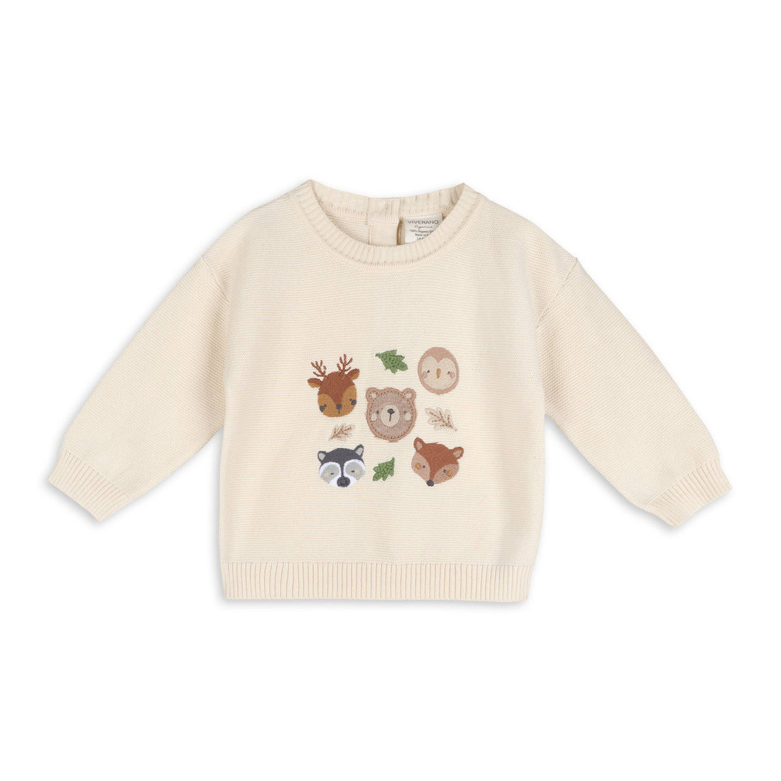 beige sweater with woodland animals embroidered on the front 