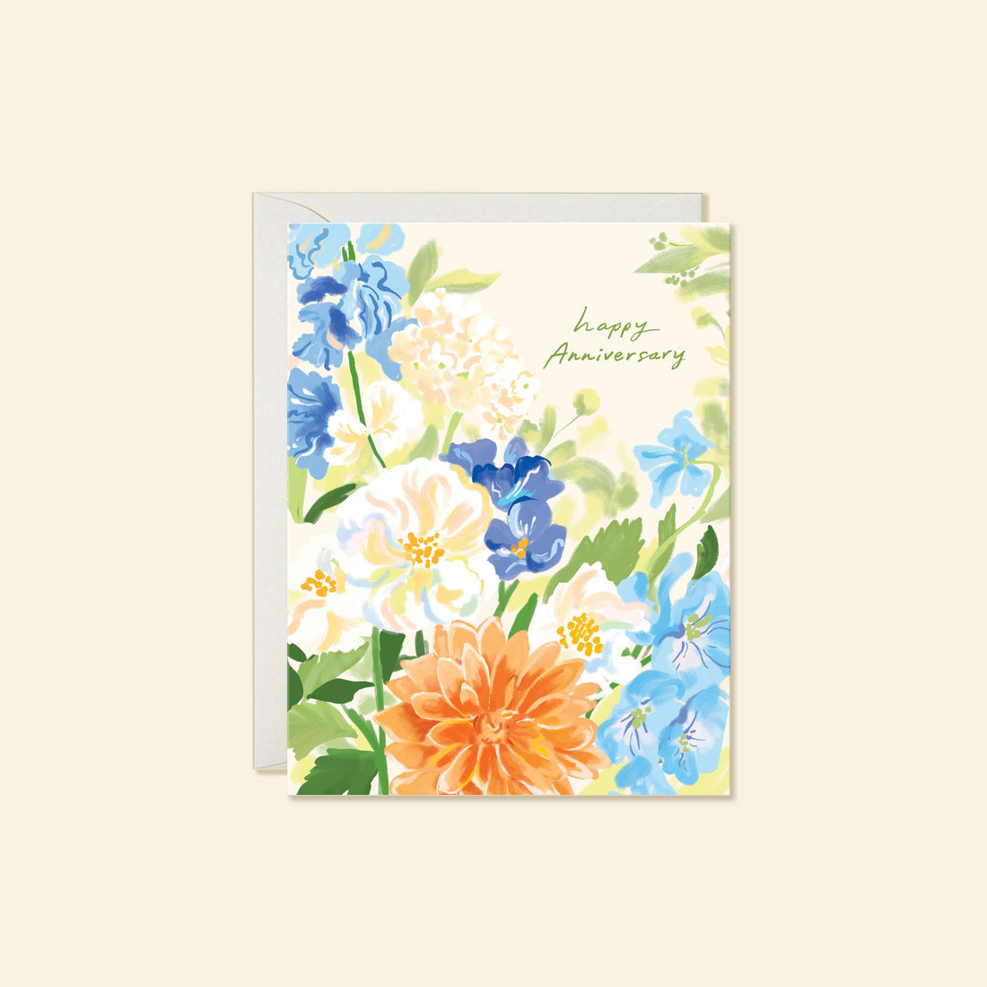 A floral anniversary greeting card with a matching envelope, featuring watercolor-style flowers in blue, white, orange, and green with the words 'Happy Anniversary' 
