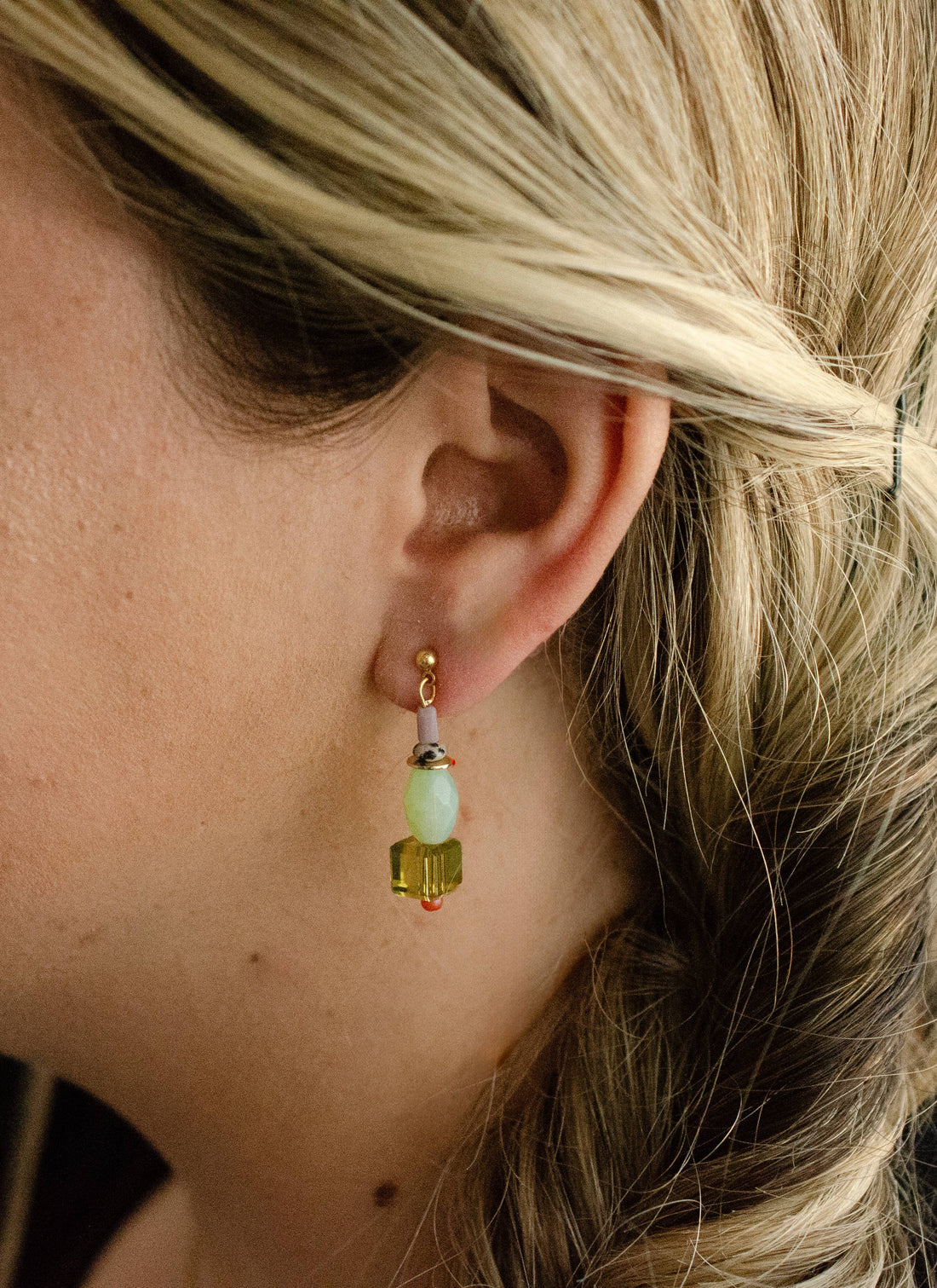 Green and Purple Beaded Dangle Earrings