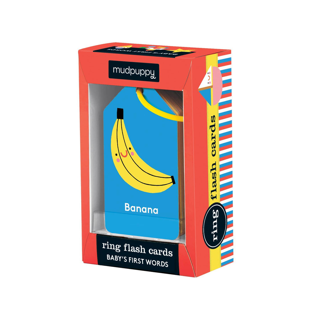Mudpuppy ring flash cards packaging with a banana illustration on a white background