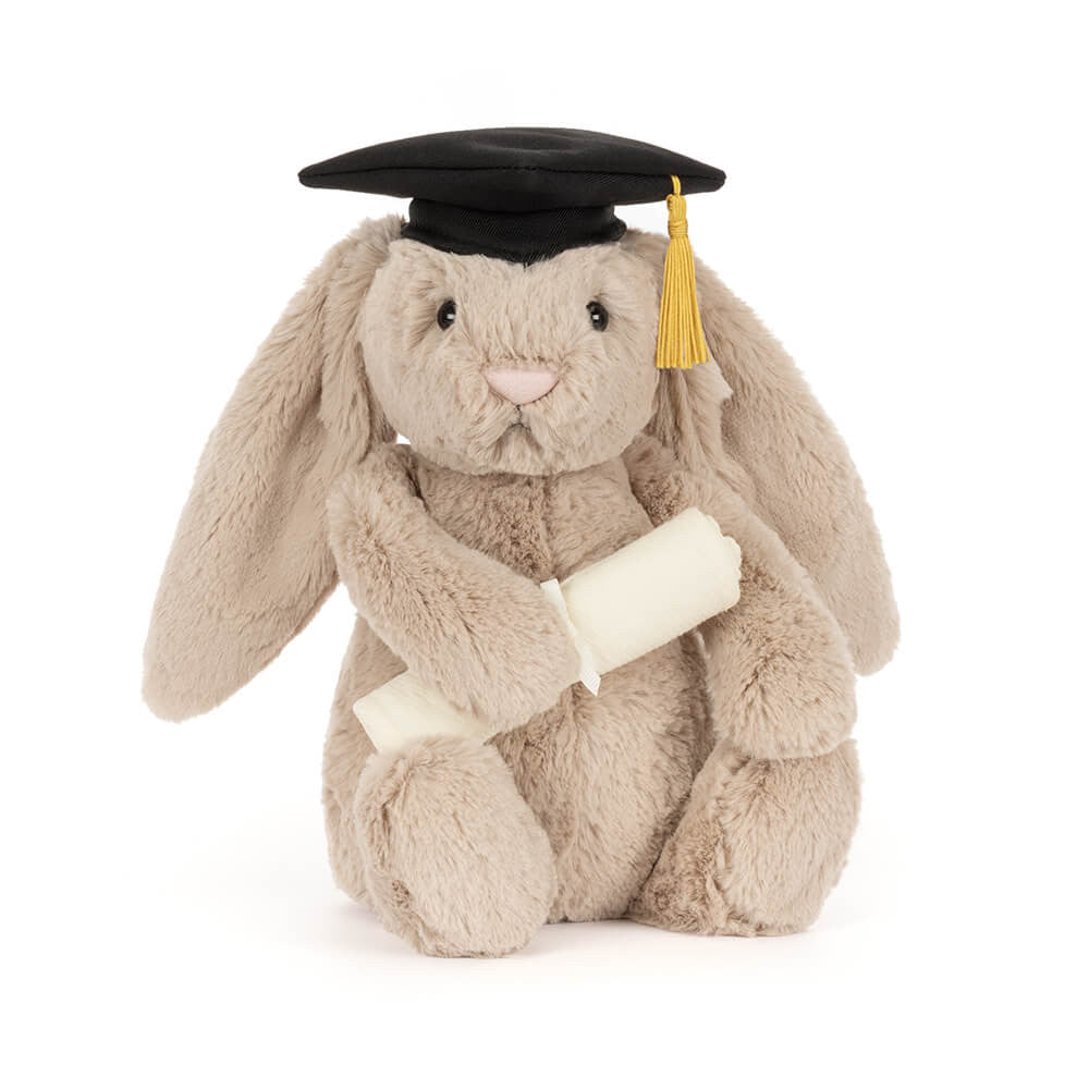Plush bunny toy wearing a graduation cap and holding a diploma