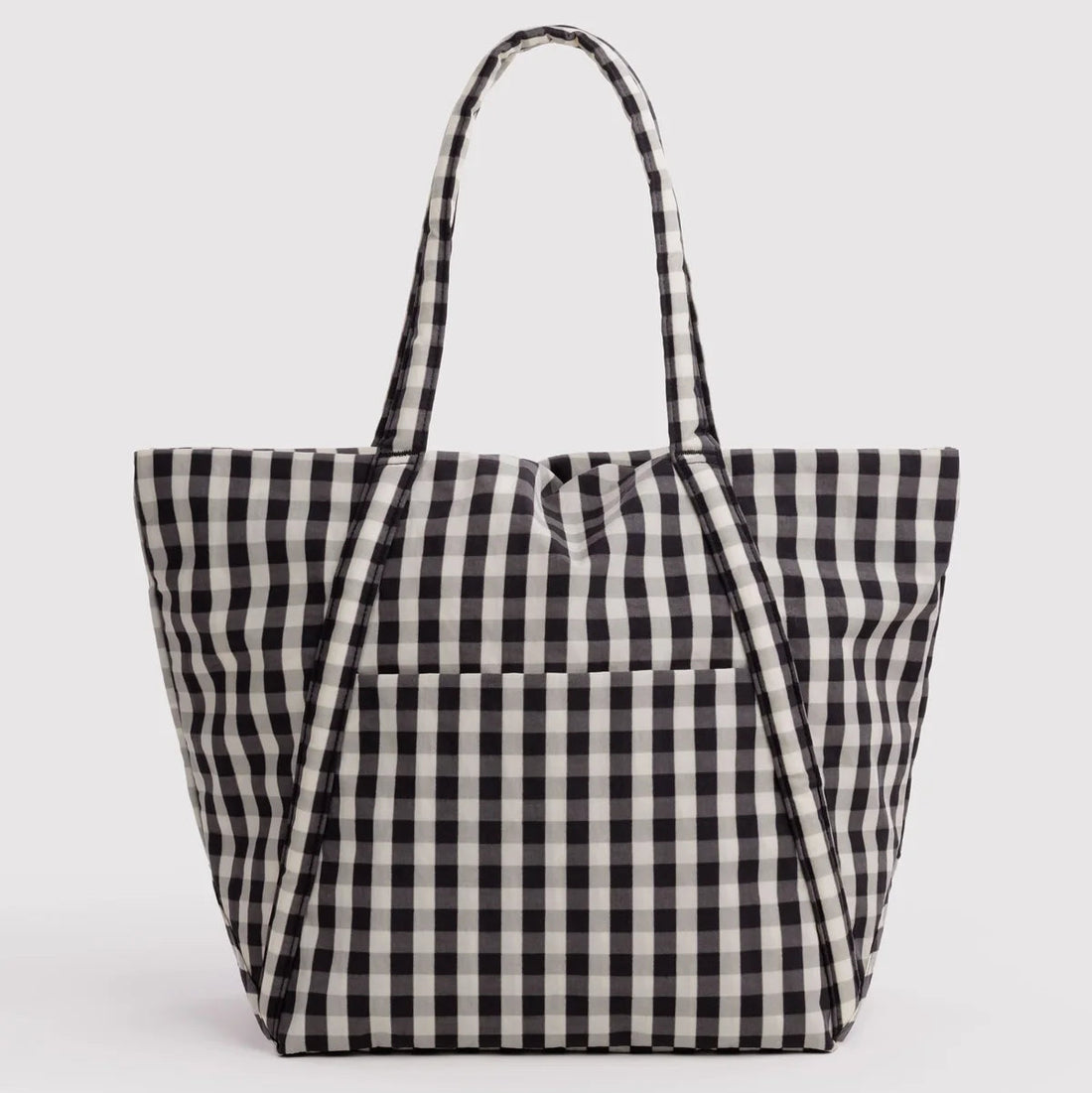 A black and white gingham check canvas tote bag with dual shoulder straps, shown against a plain light gray background.