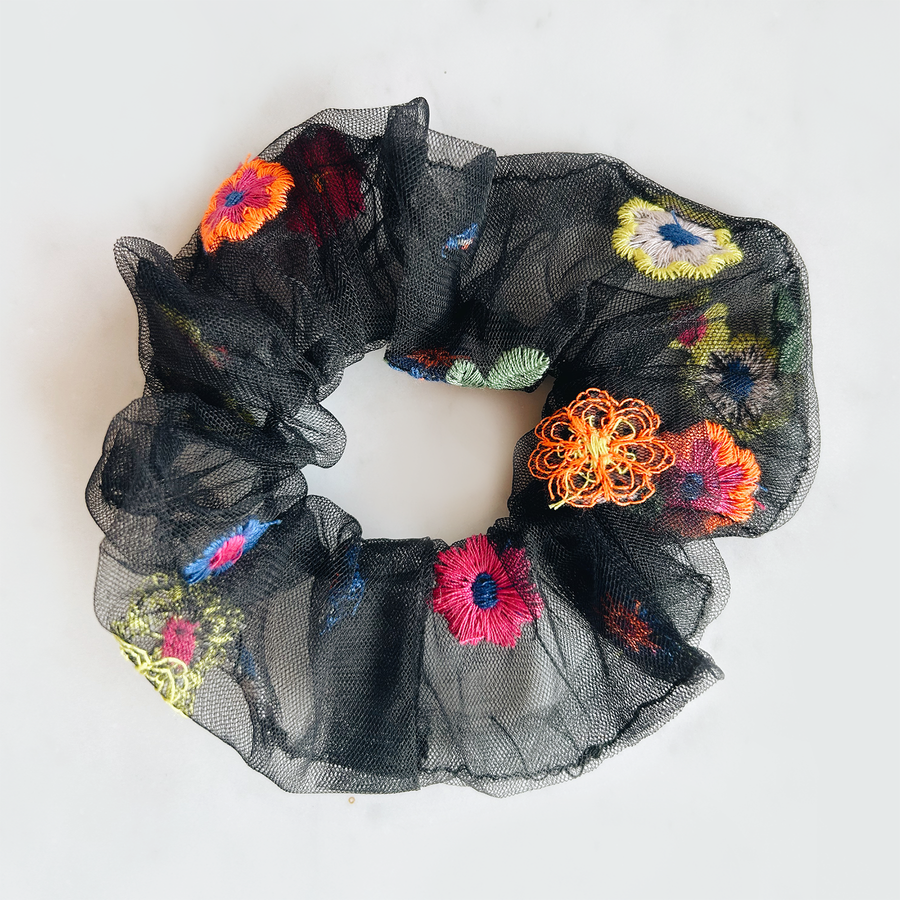 black mesh embroidered flower scrunchie