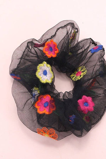 Flower Embroidery Scrunchie - Black