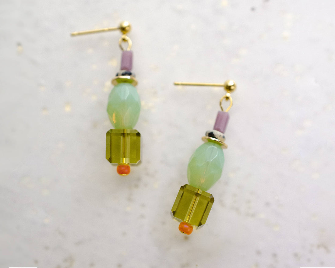 Green and Purple Beaded Dangle Earrings