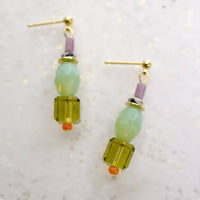 Green and Purple Beaded Dangle Earrings