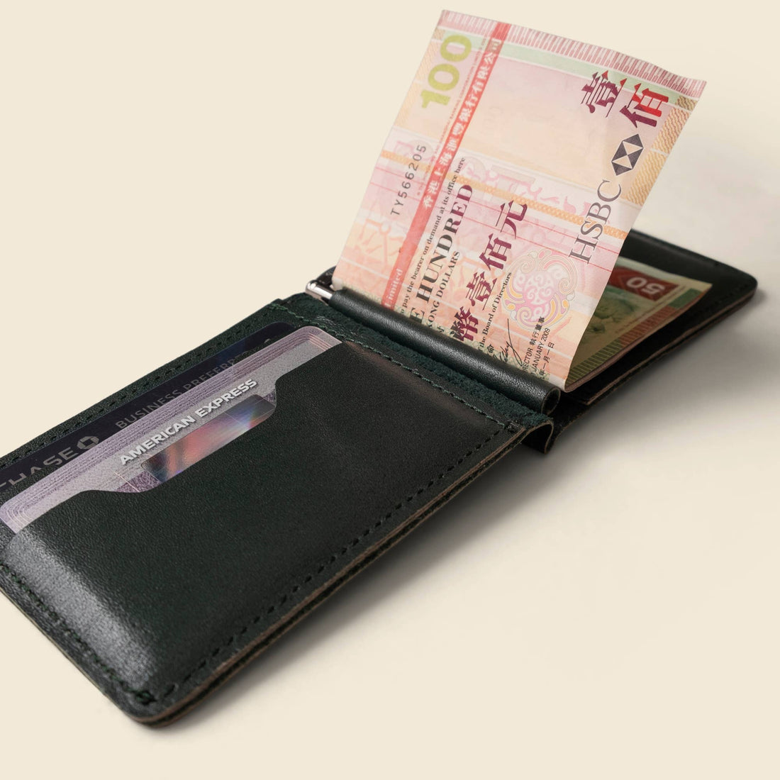 RFID Leather Money Clip Wallet - Olive Green