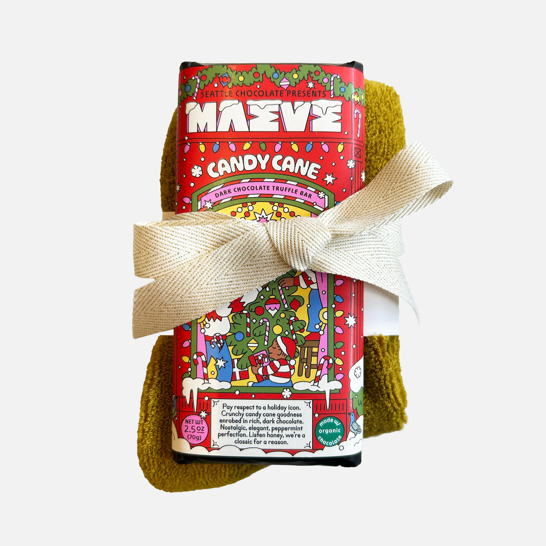 Holiday Olive Sock + Chocolate Bundle (Candy Cane)